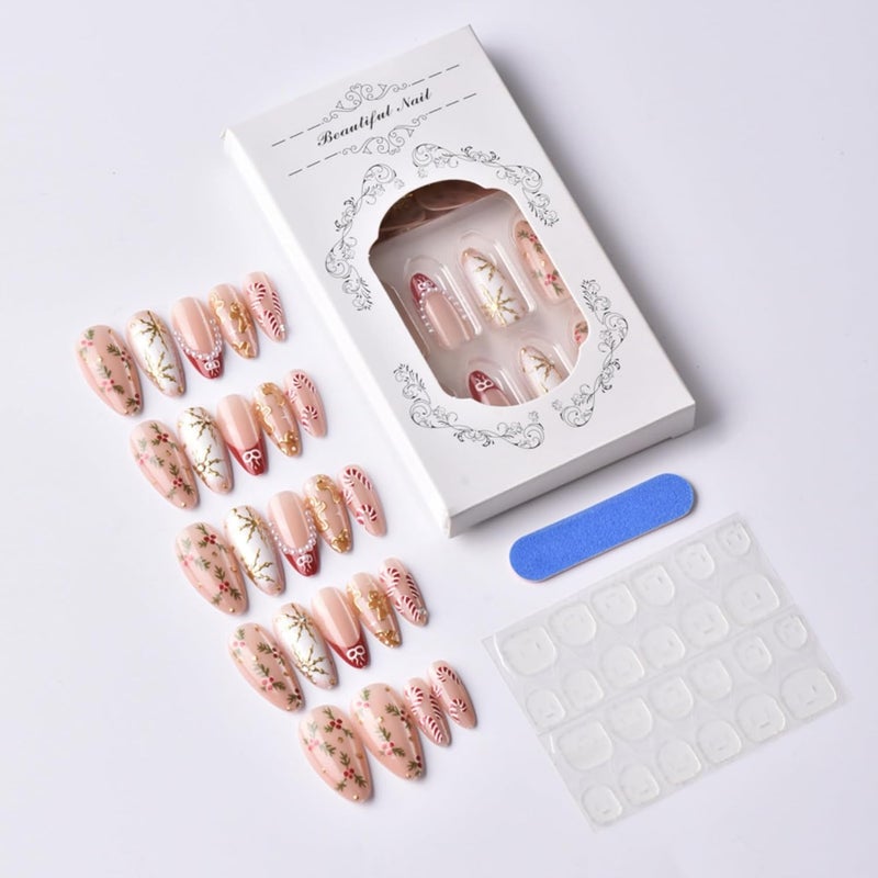 SEENEEY Christmas Almond Press on Nails Medium Fake Nails Red French Artificial Nail with Pearl and Gold Charm Designs Stick on Nail for Women 24pcs - Image 4